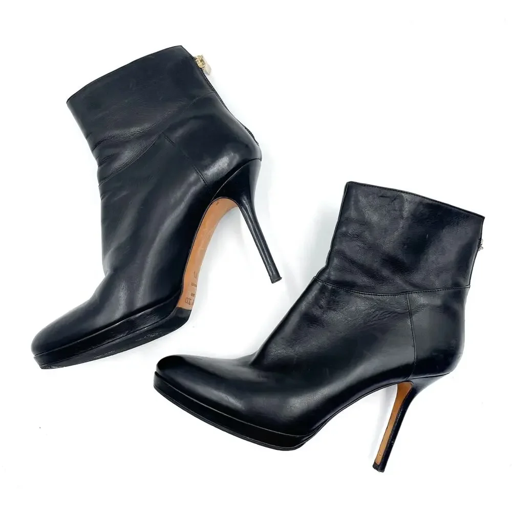 Jimmy Choo Ankle Booties Black‎ Leather Stiletto Heels Boots Sz 37.5 / 7.5